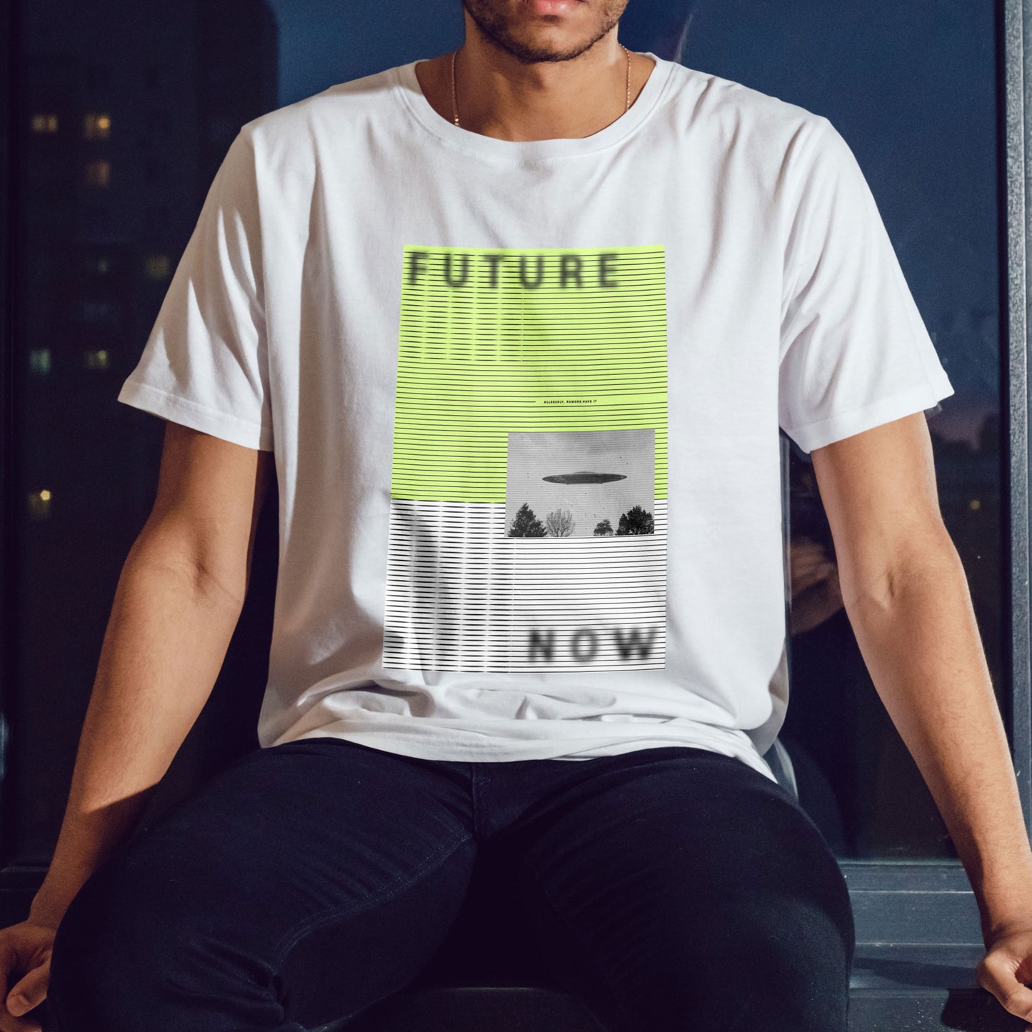 Limited edition Future Now tee, "Allegedly, Rumors Have It..." Front side print, blurry text with UFO graphic. Neon green/white gray.