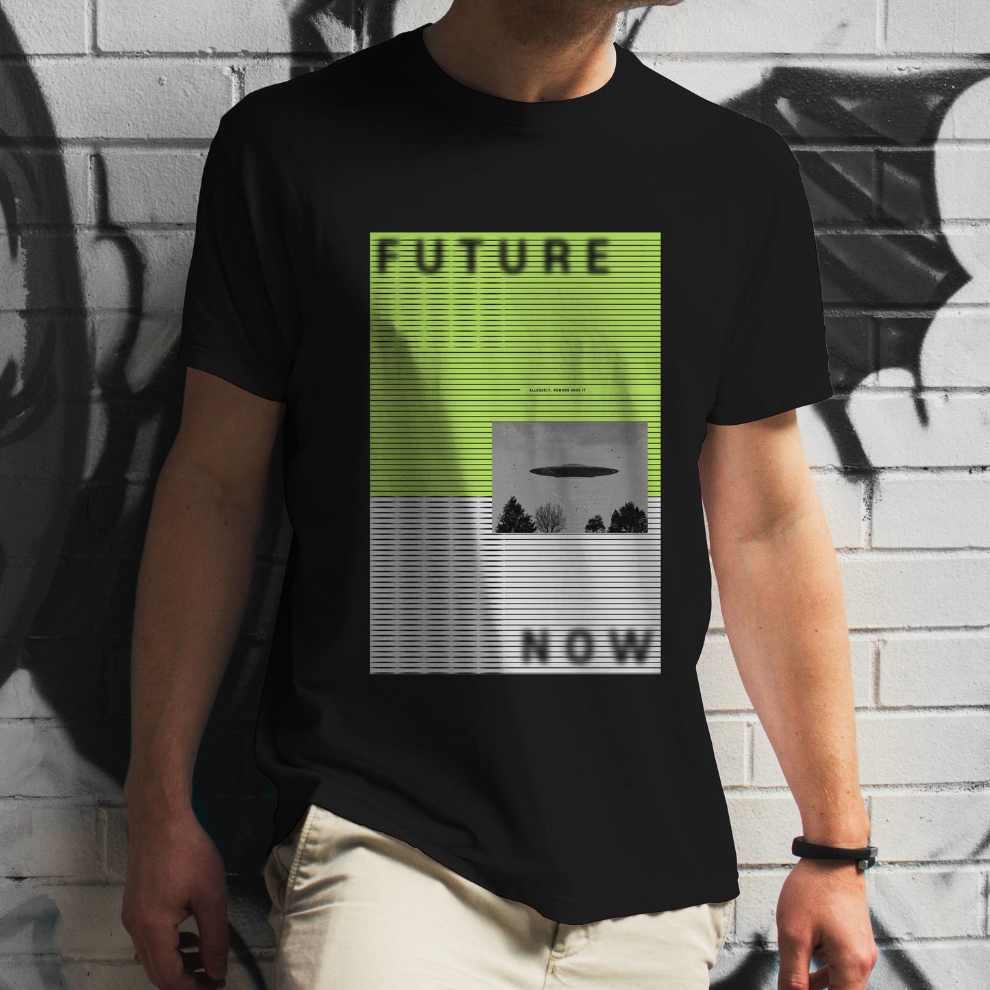 Limited edition Future Now tee, "Allegedly, Rumors Have It..." Front side print, blurry text with UFO graphic. Neon green/white gray.