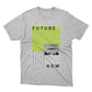 FUTURE NOW SHOW. Limited edition Future Now tee, "Allegedly, Rumors Have It..." Front side print, blurry text with UFO graphic. Neon green/white gray.
