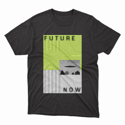 Future Now Show Tee | Limited edition Future Now tee, "Allegedly, Rumors Have It..." Front side print, blurry text with UFO graphic. Neon green/white gray.