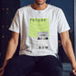Limited edition Future Now tee, "Allegedly, Rumors Have It..." Front side print, blurry text with UFO graphic. Neon green/white gray.
