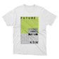 FUTURE NOW SHOW. Limited edition Future Now tee, "Allegedly, Rumors Have It..." Front side print, blurry text with UFO graphic. Neon green/white gray.